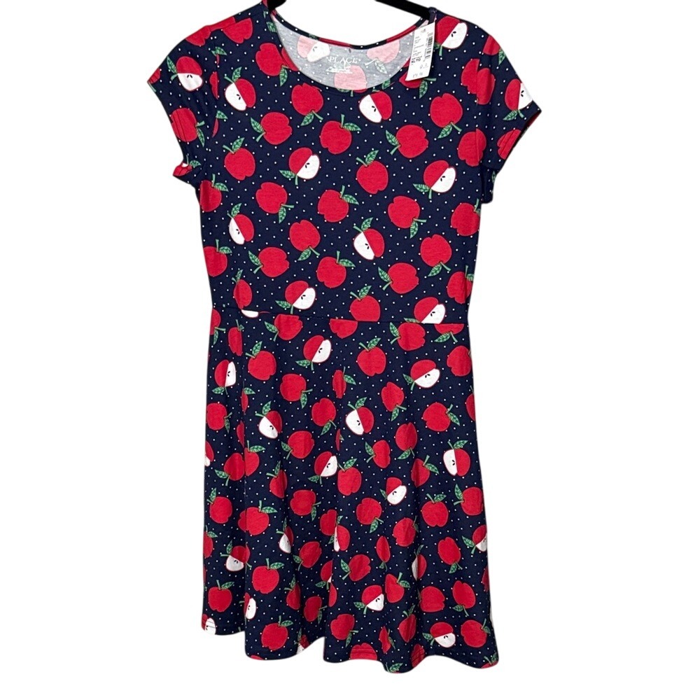 The Children's‎ Place Girls Dress XL (14) Apple Print Short Sleeve Navy Blue